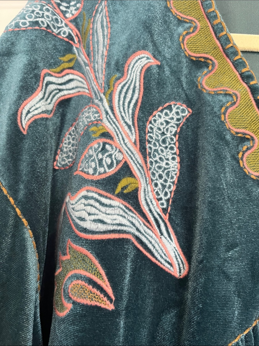 Boho Velvet Embroidered Peasant Top - Teal & Olive - Picture 3 of 5